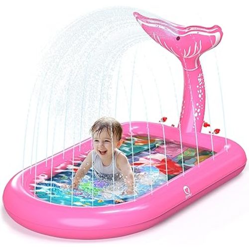 QPAU Splash Pads for Toddlers 1-3, Pink Mermaid Toy Splash Pad for Kids, Outdoor Play Mat for Babies, Inflatable Pool for Birthday Girl Gifts 1 Year Old Girl