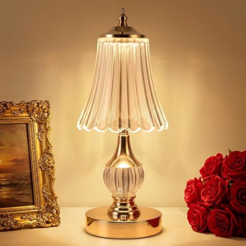 Vintage Gold Crystal Rechargeable Lamp Cordless, LED Touch Battery Operated Table Lamp, 3 Colors Dimmable Portable, Modern Home Decor, Bedroom, Bedside, Living Room, Kitchen, Skirt