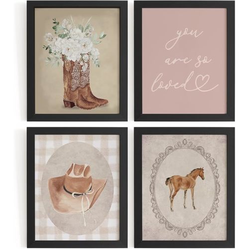 WXHUM Boho Pink Western Cowgirl Room Decor Wall Art Prints Set of 4, You Are So Loved Floral Cowboy Hat Boots Horse Posters Wall Decor for Girls Room Nursery Bedroom, 8x10 inch Unframed
