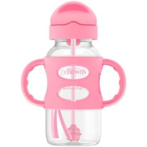 Dr. Brown's Wide-Neck Sippy Straw Bottle with Handles, Pink, 1-Pack