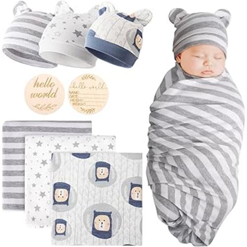 DRESHOW BQUBO Cotton Baby Swaddle Hat Set Newborn Infant Receiving Blankets with Bear Ears Hat Wooden Birth Announcement Card Newborn Unisex Swaddle Wrap Sets Warm Shower Gift