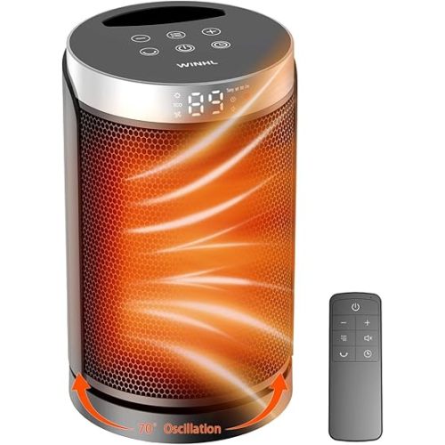 Space Heater, WINHL Small Portable Electric Heaters for Indoor Use with Thermostat and Remote, 70°Oscillation, 12H Timer, 5 Modes, 1500W PTC Ceramic Fast Safety Heat for Office Bedroom Home