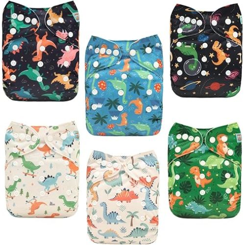 ALVA 6 Pack Cloth Diaper with 12 Inserts One Size Adjustable Washable Reusable Diaper Cover for Baby Girls and Boys 6DM140