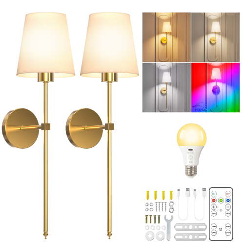 DAYBETTER Battery Operated Wall Sconces Set of 2, 4 Color-changing Modes Wireless Remote Wall Lights Indoor Living Room, RGB Rechargeable Wall Lamps for Bedroom