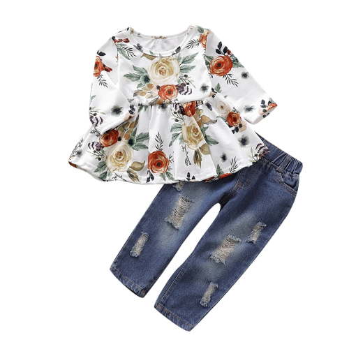 Toddler Baby Girl Clothes Baby Girl Outfits Long Sleeve Round Neckline Floral Top Jeans Pants 2PCS Set 12-18 Months