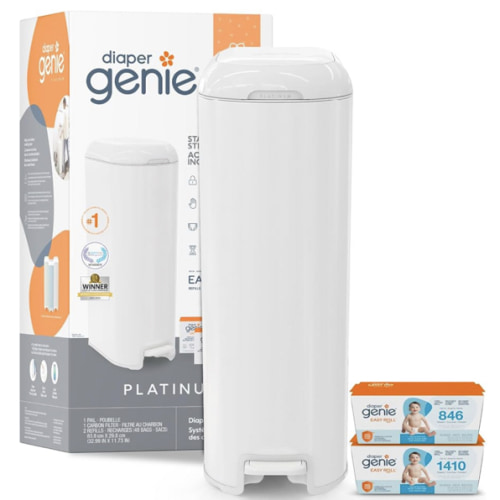 Diaper Genie Platinum Pail Gift Set, Lily White, Made of Durable Stainless Steel and Includes 2 Easy Roll Refills with 18 Bags and 30 Bags