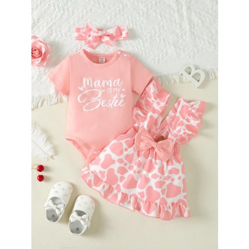 SHEIN Vintaside Kids Baby Girl Letter Graphic Bodysuit & Cow Print Ruffle Trim Bow Front Overall Skirt & Headband | SHEIN USA