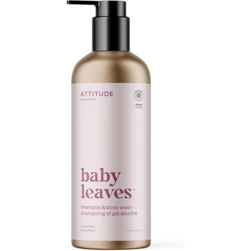 ATTITUDE 2-in-1 Shampoo and Body Wash for Baby, EWG Verified, Dermatologically Tested, Made with Naturally Derived Ingredients, Vegan, Unscented, Reusable Aluminum Bottle, 16 Fl Oz