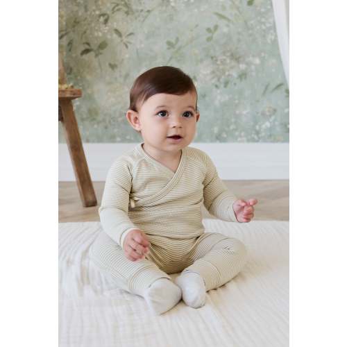 Organic Cotton Fine Rib Micah Wrap Onepiece - Petite Stripe Hay/Cloud