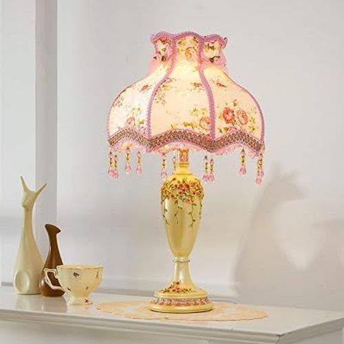 Retisee Victorian Flower Table Lamp Floral Coquette Lamp with Vintage Lace Placemat Fabric Lampshade Beaded Fringe Antique Lovely Decorative Bedside Night Light for Bedroom Nightstand(Pink Victorian)