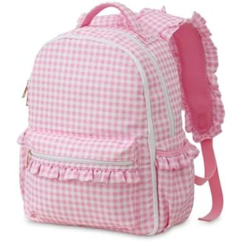 DYSHAYEN Kids Backpack for Girls, 15" Ruffled Backpack for School Kindergarten Bookbag 5-8, Fully Opened Compartment (Pink Gingham)