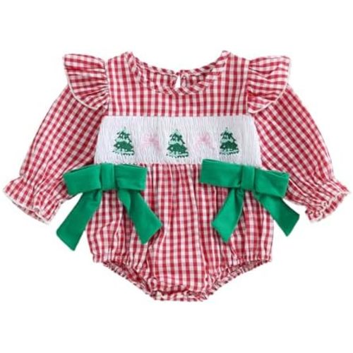 Baby Girl Christmas Outfit Santa Tree Ruffled Long Sleeve Smocked Bubble Romper Bodysuit Newborn Fall Winter Clothes