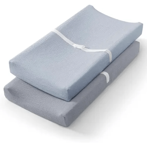 Blissful Diary Muslin Changing Pad Cover for Girls Boys, Ultra Soft Breathable Cotton, Baby Diaper Change Table Pad Covers, 2Pack (Light Blue&Grey)