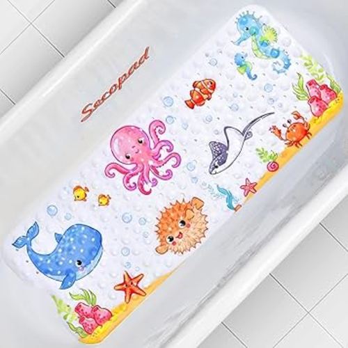 Bath Mat for Tub Non Slip, Machine Washable Anti-Slip Cartoon Baby Bathtub Shower Mat with Drain Holes and Suction Cups for Toddler & Kids, 40 Inch x 16 Inch-Rectangular, Pink Octopus