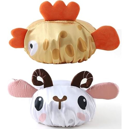 Bath Reusable Shower Caps Designed for Baby, Kids, Children,Long/Thick Hair, Cute, Waterproof, Cartoon Animal, Double Layer Bathing Hat for Boys, Girls, Women(Yellow Fish, Cute Sheep)
