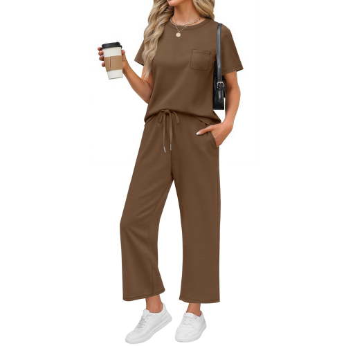 Fantaslook 2 Piece Sets for Women Casual Summer Travel Vacation Outfits Short Sleeve Tops Wide Leg Pants Lounge Sets