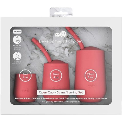 ezpz Developmental Cup Set (Coral) - 100% Silicone - Teaches Babies, Toddlers, and Preschoolers to Drink from an Open Cup and Safely Use a Straw - Designed by a Pediatric Feeding Specialist