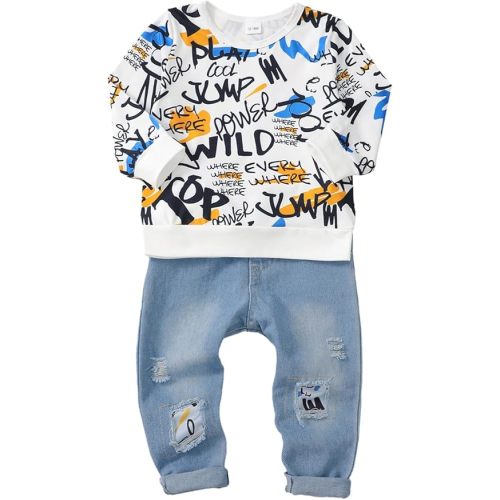 Toddler Baby Boy Clothes Fall Winter Outfits Long Sleeve Letter Printed Sweatshirt Pullover Tops + Jean Pants Set