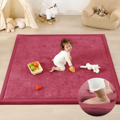 PaPaMat 1.3" Thick Baby Play Mat for Floor, 39x59 Foam Tummy Time Mat, Padded Support Soft Plush Nursery Rug for Infant Kids Toddler Crawling Kick Activity (Burgundy)