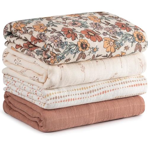 Muslin Swaddle Blankets for Newborn, 4 Pack Organic Cotton Baby Blanket, Large 31.5 x 43.3 inch Breathable Soft Receiving Blanket, Essentials Swaddle Wrap Burping Clothes, Vintage Flowers