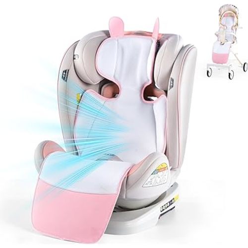 Baby Stroller Cooling Pad with Fan, Blow & Suction 2-in-1 Carseat Cooling Mat, Washable 3D Breathable Liner, 2 Built-in Blowers 3 Speeds Rechargeable, for Toddler Baby Summer Essentials（Pink）