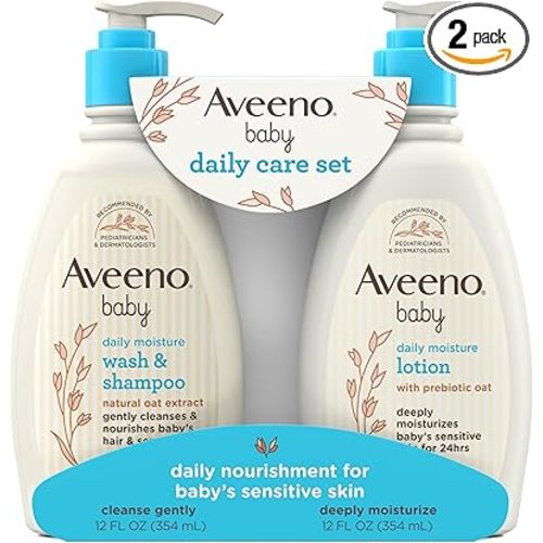 Aveeno Baby Daily Care Gift Set with Oat Extract & Prebiotic Oat, Contains Daily Moisturizing Body Lotion & Gentle 2-in-1 Baby Bath Wash & Shampoo, Hypoallergenic & Paraben-Free, Two Pack