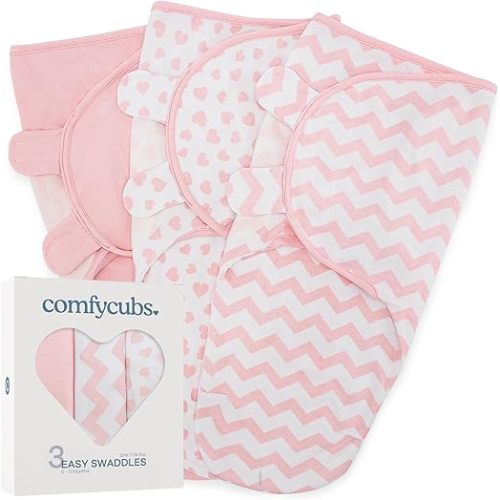 Comfy Cubs Easy Swaddle Blanket, 3 Pack - 100% Cotton Newborn Wrap, Small for 0-3 Months Infants, with Adjustable Velcro, Breathable and Durable Sleep Sack for Babies - Pink
