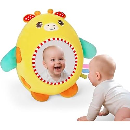 FIOBEE Tummy Time Toys Baby Mirror Tummy Time with Crinkle & Jingle Sounds Large Baby Sensory Toys for Infant Ages 0 3 6 Months and Up Newborn Training Essentials, Yellow Giraffe
