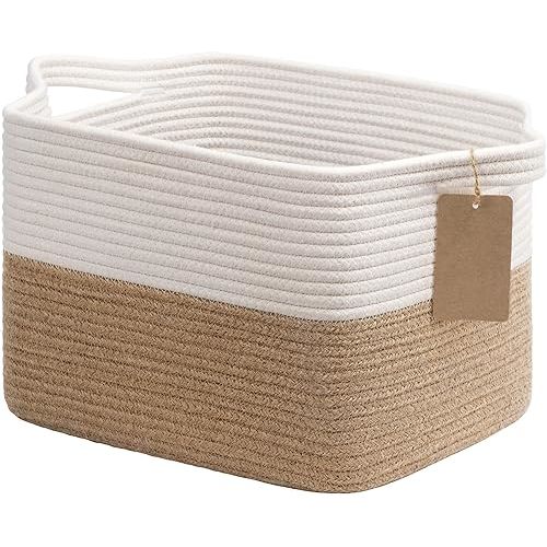 Goodpick Medium Rectangle Woven Storage Baskets, White & Jute, 13.5"x11"x9.5"