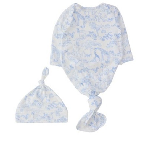 RuffleButts Modal Blend Newborn Knotted Sleep Gown & Hat Set - Periwinkle Blue Safari Toile, Newborn-3m