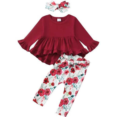 Kucnuzki Baby Girl Clothes Toddler Girl Outfit Ruffle Sleeve Shirt Floral Pant Set Fall Winter Clothing for Girl
