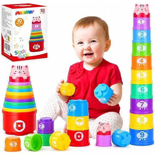 MOONTOY Stacking Cups Baby Toys 6 10 12 18 Months, Montessori Toys for 1 Year Old Toddler Learning Toy with Numbers Shapes Patterns, Baby Bath Toy 6-12 Months, Gifts for 1 2 3 Year Old Boys Girls