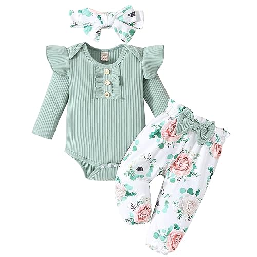 GDTOGRT Baby Girl Clothes Newborn Infant Outfits Ruffle Romper+ Floral Pants + Cute Headband Sets for Girls