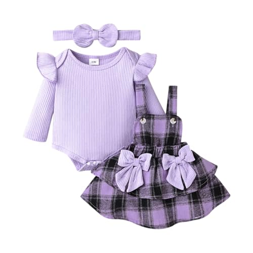 FOCUTEBB Baby Girl Clothes Fall Winter Outfit Long Sleeve Ruffle Romper Plaid Skirt Bow Headband 3 Pcs Set 0-18 Months