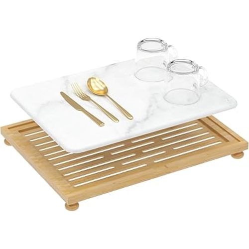 Golener Stone Drying Mat for Kitchen Counter, Dish Drying Pad with Bamboo Rack, Super Absorbent Diatomaceous Earth and Drying Rack, Multi-purpose Quick Drying Mat Rack for Kitchen,16”x12”,Marble White