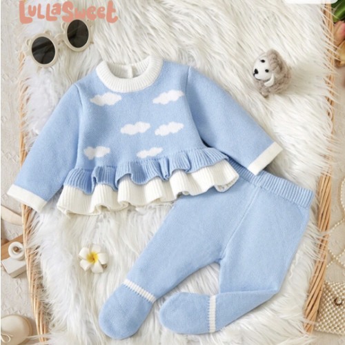 SHEIN 2pcs Baby Girls Fashion Casual Cute & Cloud Pattern Long Sleeve Round Neck Blue Knitted Sweater And Blue Knitted Leggings Set, Soft Fabric Suitable For Everyday, Outing, Travel, Vacation, Home, Daycare & Kid Play Wear | SHEIN USA