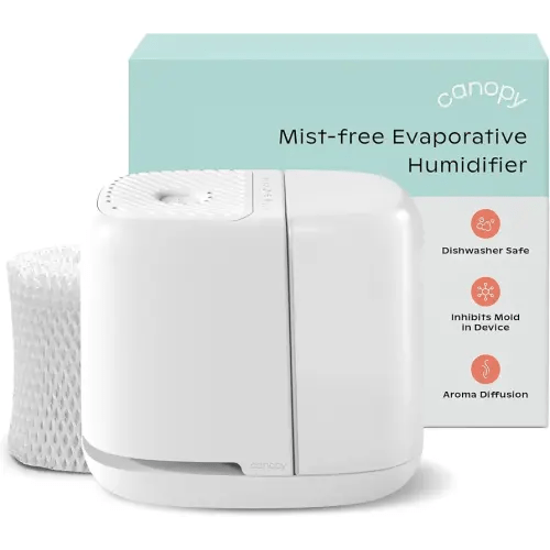 Canopy Bedside Humidifier 2.0, White, 36 HR Run Time, 2.5L Capacity - Reading Light & White Noise - Alleviate Symptoms of Allergies, Flu, Cold, Dry Skin - Humidifier, Filter, Power Cord & Adapter