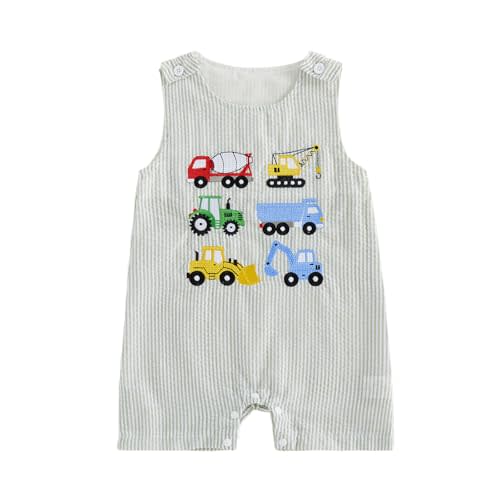 Baby Boy Summer Clothes Excavator Embroidery Romper Onesie Sleeveless Striped Jumpsuits Newborn 3 6 12 18 Months