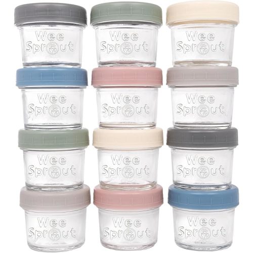 WeeSprout Glass Baby Food Storage Jars w/Lids (4 oz, 12 Pack Set) Snack, Puree, Reusable Small Containers, Breast Milk, Fridge or Freezer, Microwave & Dishwasher Safe, Essential Must Have for Infants