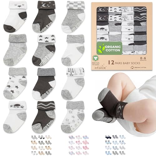Orgain Cotton GOTS Certified Baby Socks 12 Pairs for Newborn Girls 0-6 Months, Soft Breathable Infant Socks, Cute Little Girls Socks, Baby Registry Essential