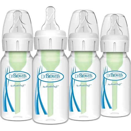 Dr. Brown's Natural Flow Anti-Colic Options+ Narrow Baby Bottle, 4 oz/120 mL, with Level 1 Slow Flow Nipple, 0m+, 4 Bottles