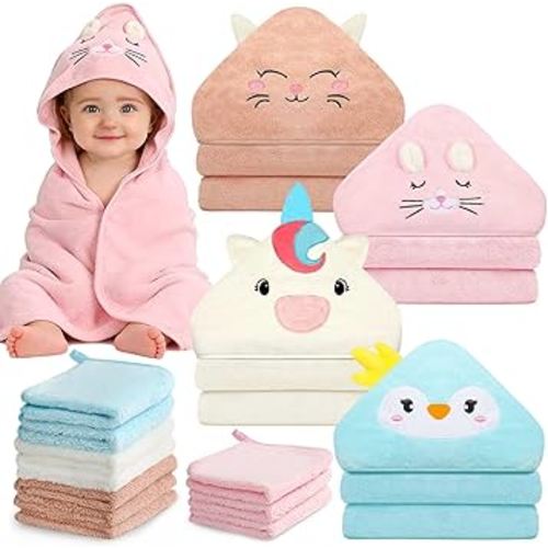 14 Pcs Baby Towel Set, Soft Baby Bath Towels and Washcloths Set, 4 Pcs 32x32 in Animal Hooded Bath Towel & 10 Pcs Baby Washcloths for Infants, Toddlers and Kids for Boys or Girls