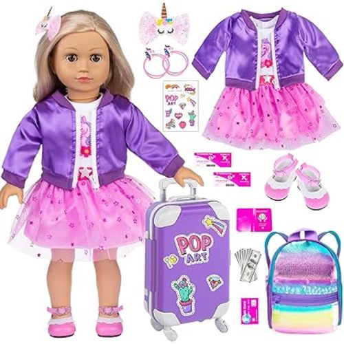 18 Inch Doll Clothes and Accessories School Supplies Playset Accesscories Doll Travel Suitcase Set Including Coat,Dress,Suitcase,Hairpin,Hair Ring,Stickers,Shoes (No Doll)