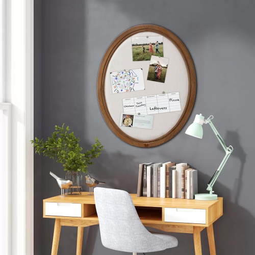 SOFE Oval Framed Linen Bulletin Board, Unique Fabric Pin Boards for Walls, Hanging Vision Board, Message Display Notice Memory Board for Office Home and School with Pins, 21" x 17"