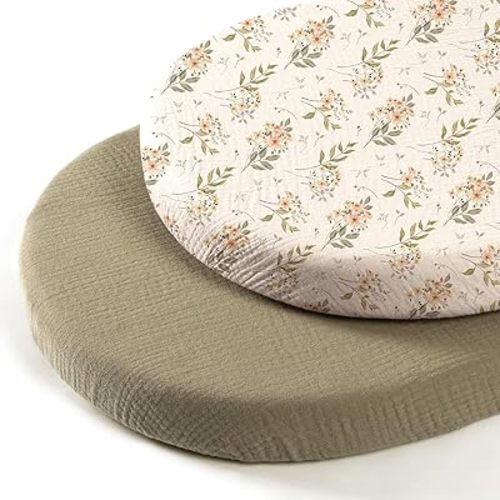 lulumoon Baby Bassinet Sheets Muslin: Soft Fitted Bassinet Sheets Floral for Girls - Fit for Oval Rectangle or Hourglass Mattress