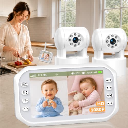 1080P Baby Monitor with 2 Cameras: HD Day & Night See 2 Kids' Faces Clearly | Easy to Set Up, No Wifi 100% Private, Crystal-Clear Audio with No Static, 5'' Split Screen Monitor for Twins and Siblings