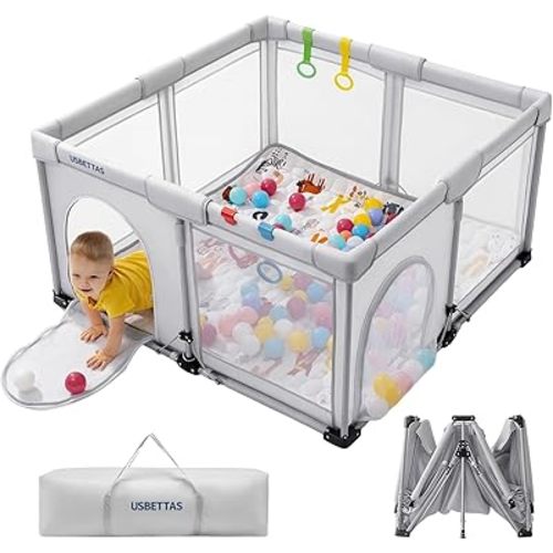 Foldable Baby Playpen, 1-Minute Setup, Lightweight Portable Playpen with Carry Bag, 50"x50" Indoor Outdoor Safty Play Yard for Babies & Toddlers, Light Gray