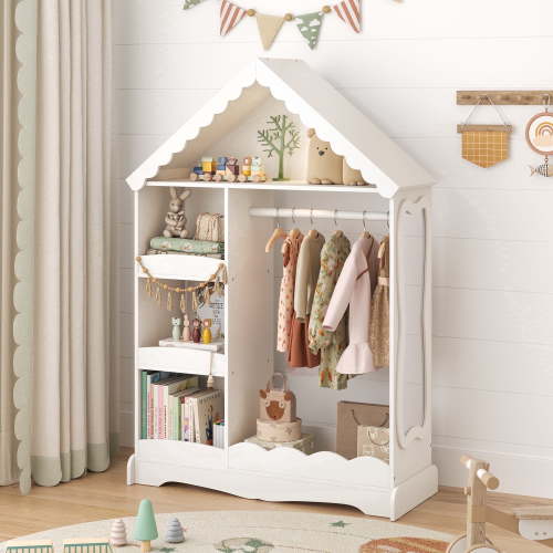 Curipeer Kids Dress Up Storage with Touch-Activated Light,Wood Armoire Wardrobe Closet with Mirror for Bedroom Playroom,White