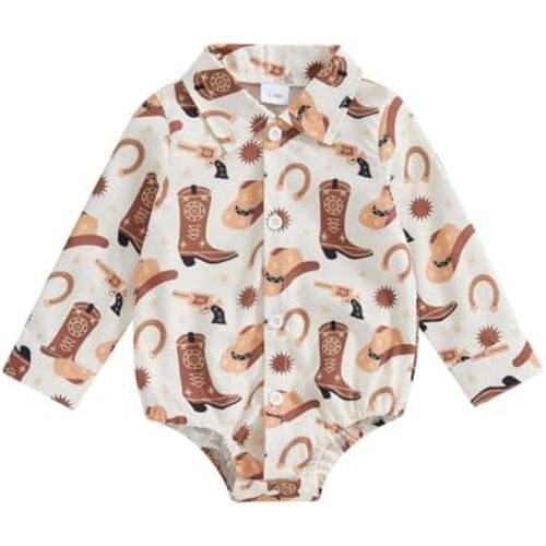 Newborn Western Baby Boy Outfits Country Cow Shirt Romper Short Sleeve Button Down Bodysuit Cowboy Summer Clothes