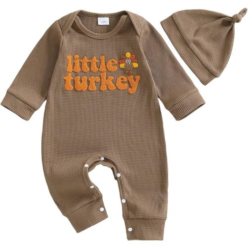 Karuedoo Newborn Infant Baby Boy Thanksgiving Outfit Little Turkey Embroidery Long Sleeve Waffle Knit Romper Jumpsuit Hat